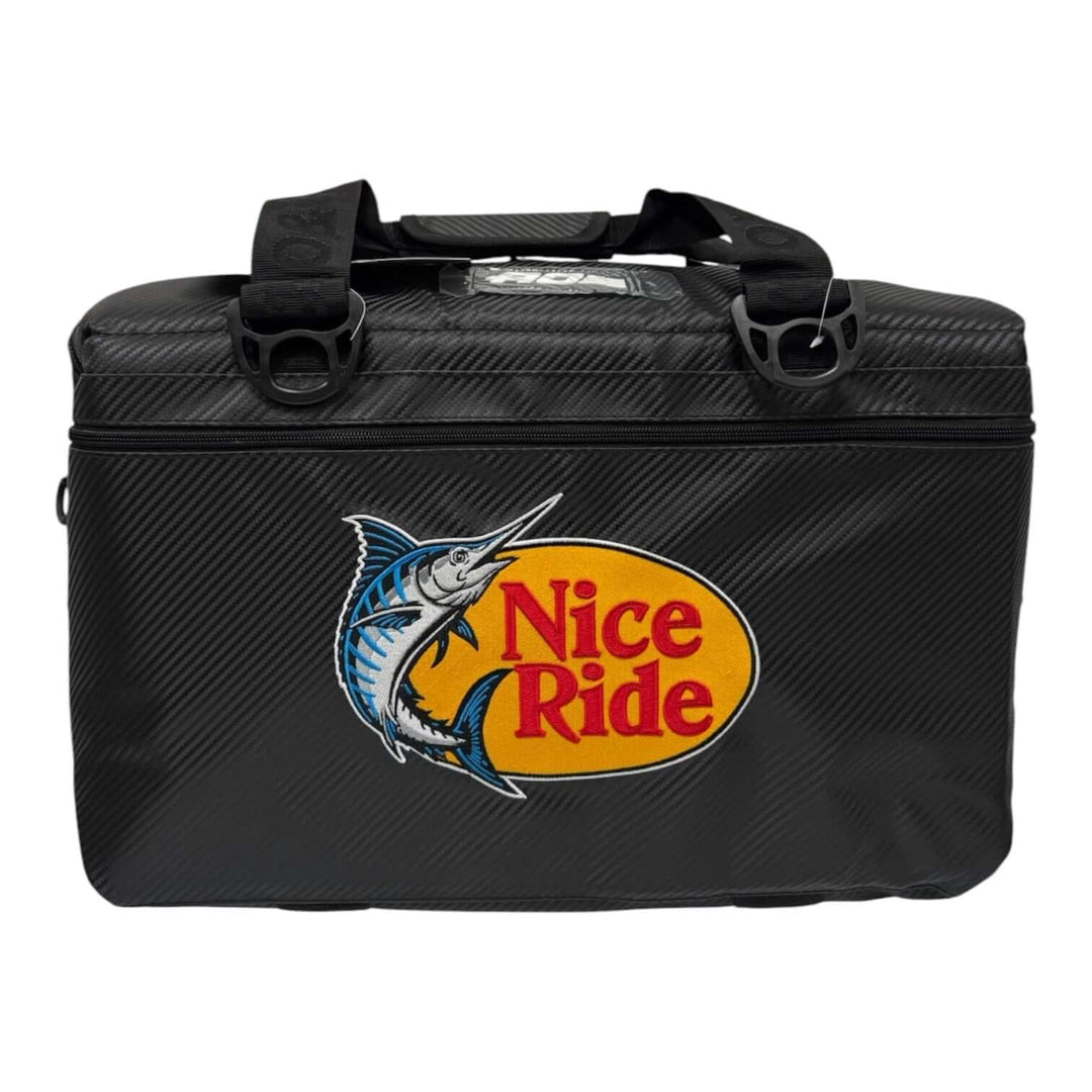 NICERIDE Top Water Soft Sided Cooler featuring eye-catching Nice Ride logo on a carbon design.