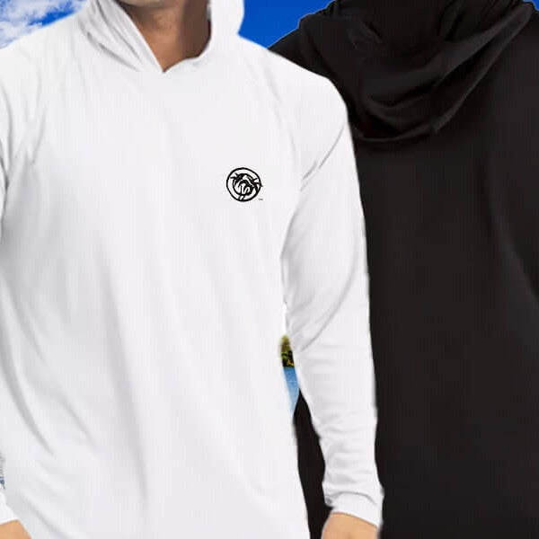 Unisex NICERIDE 'Palm' UV-Protecting Long Sleeve Hooded Shirt in white and black.