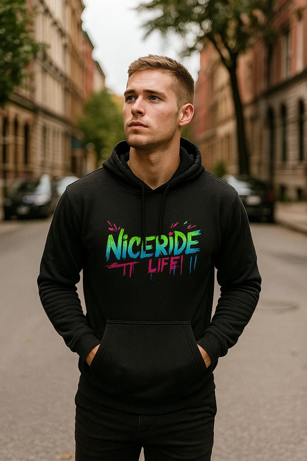 Comfortable unisex black hoodie with embroidered design worn by a man in an urban setting.