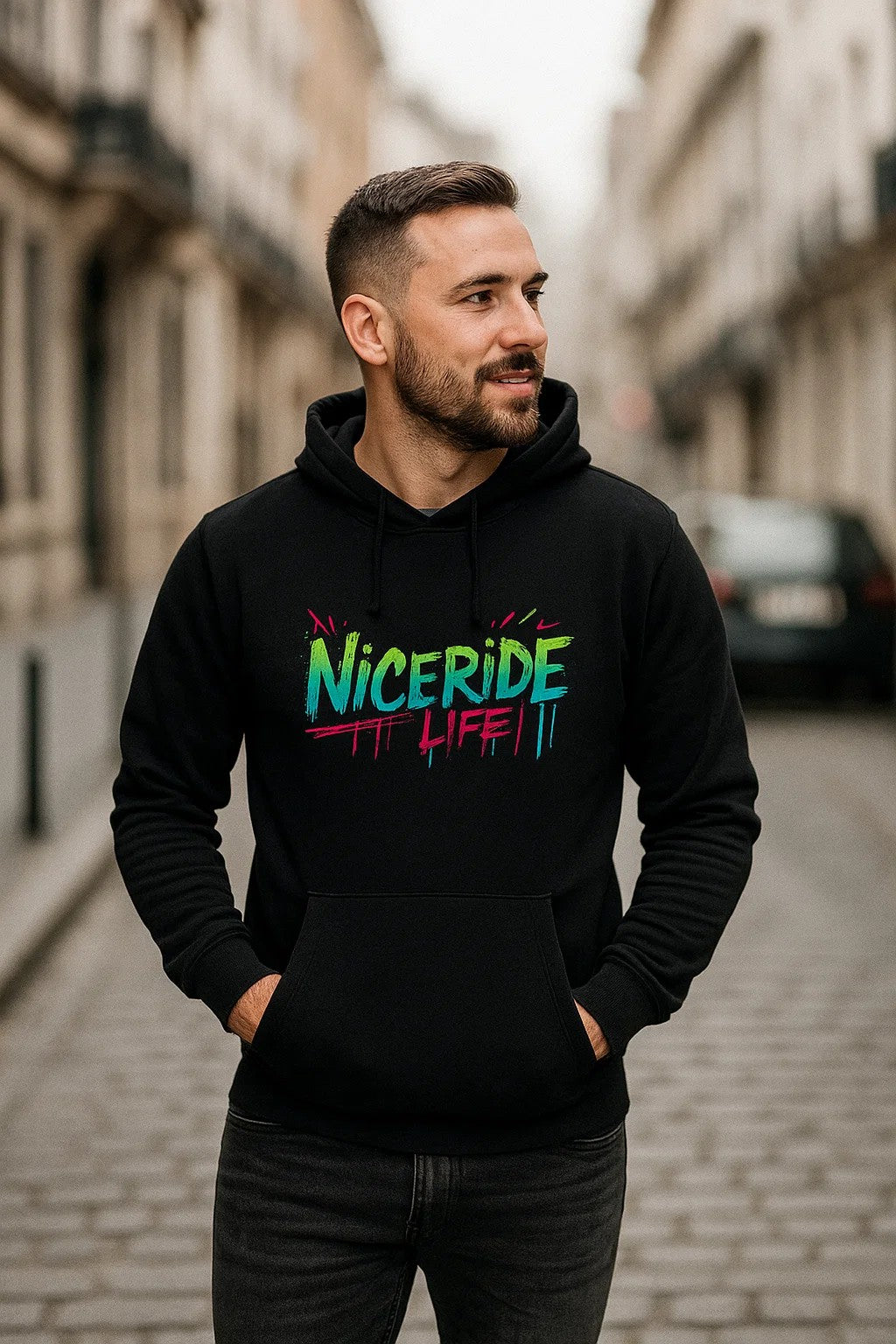 Comfortable unisex black hoodie worn by man, featuring bold NICERIDE LIFE embroidered design in vibrant colors.