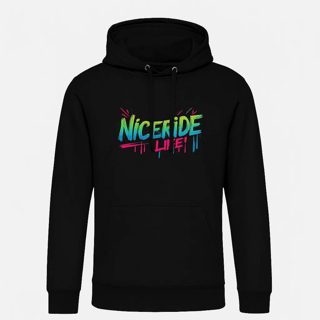 Comfortable unisex black hoodie with NICERIDE embroidered design in vibrant colors.
