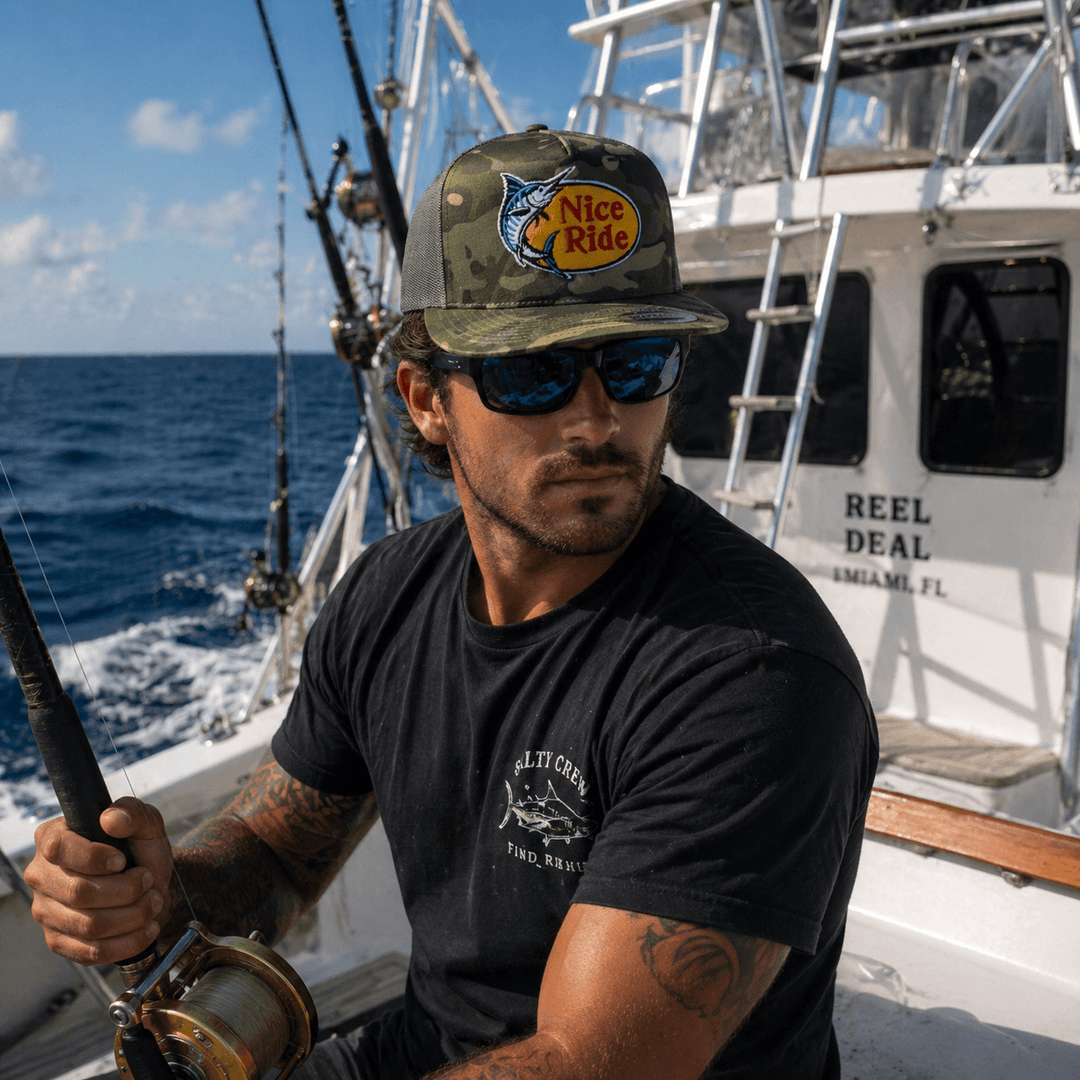 Angler wearing NICERIDE Top Water Hat while fishing on a boat, showcasing outdoor style and functionality.