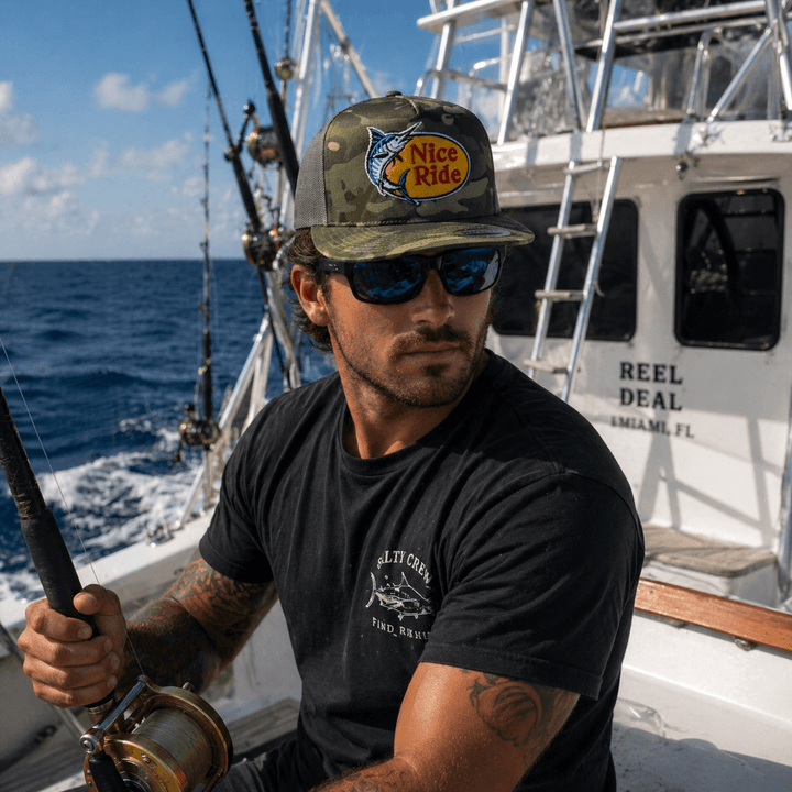 Angler wearing NICERIDE Top Water Hat while fishing on a boat, showcasing outdoor style and functionality.