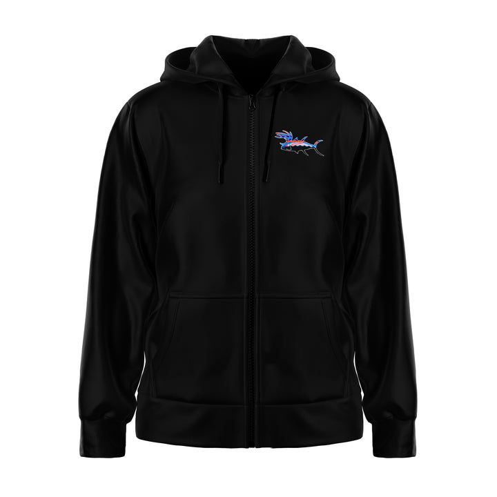 Black zip-up hooded jacket featuring vibrant embroidered marlin design on the left chest.