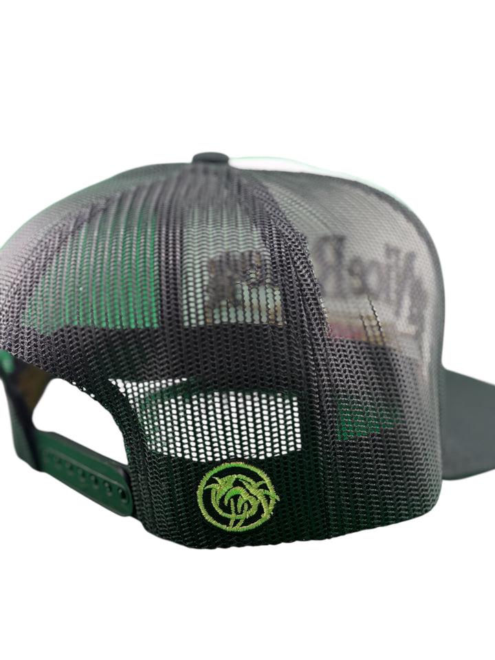 Back view of a black mesh adjustable trucker hat featuring an embroidered palm logo.