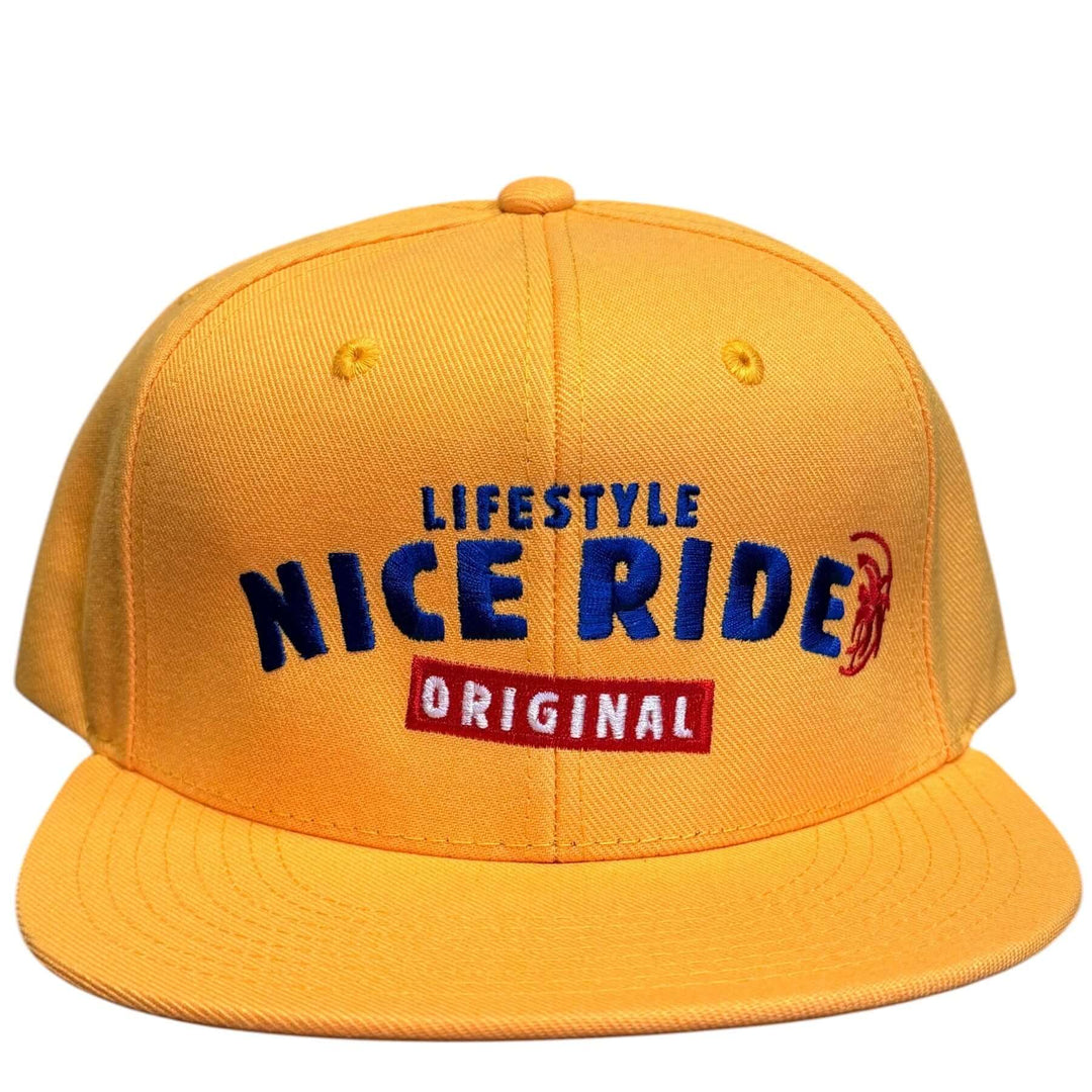 Rock Hard Decky 6020 High Profile 6 Panel Snapback, Flat Bill Hat in yellow with blue and red embroidery.