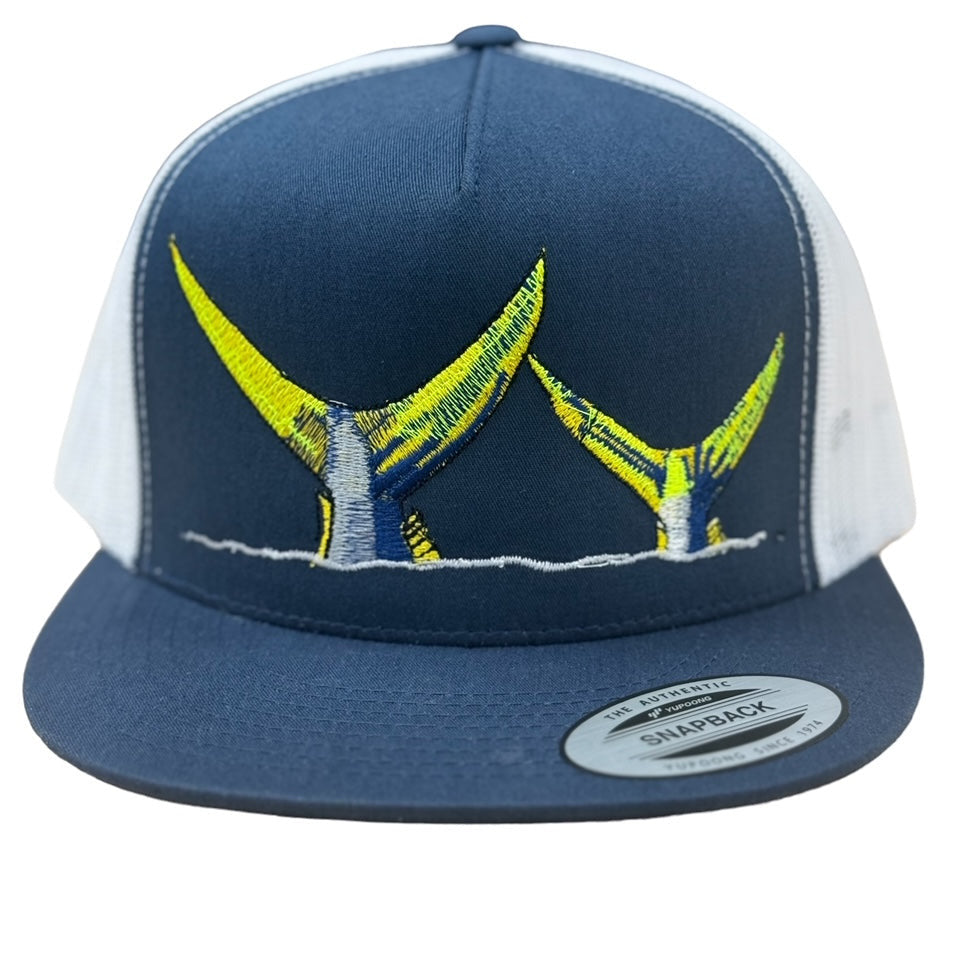 NICERIDE "Tall Tails" snapback trucker hat featuring embroidered fish tails design.