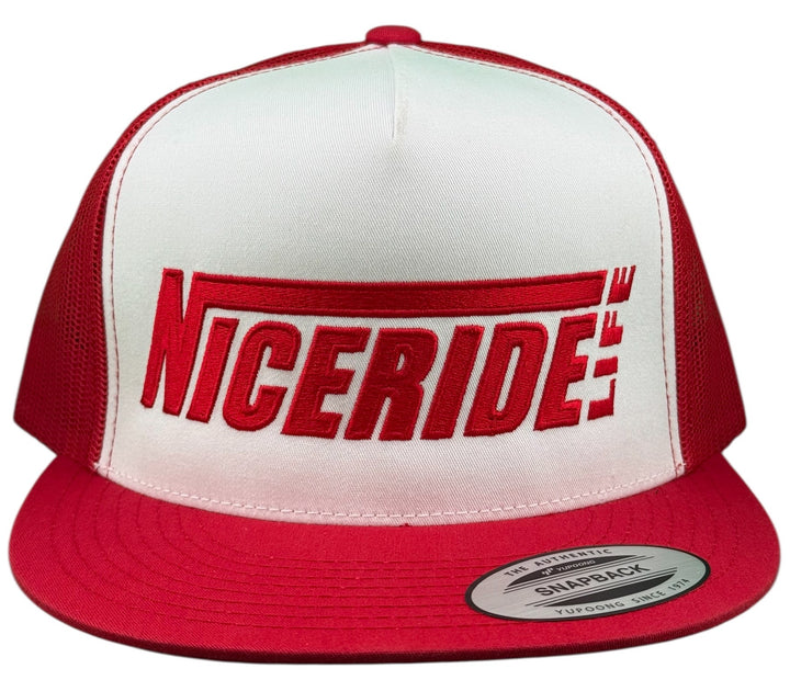 NICERIDE Life unisex adjustable trucker hat in red and white, featuring bold embroidered logo on front.