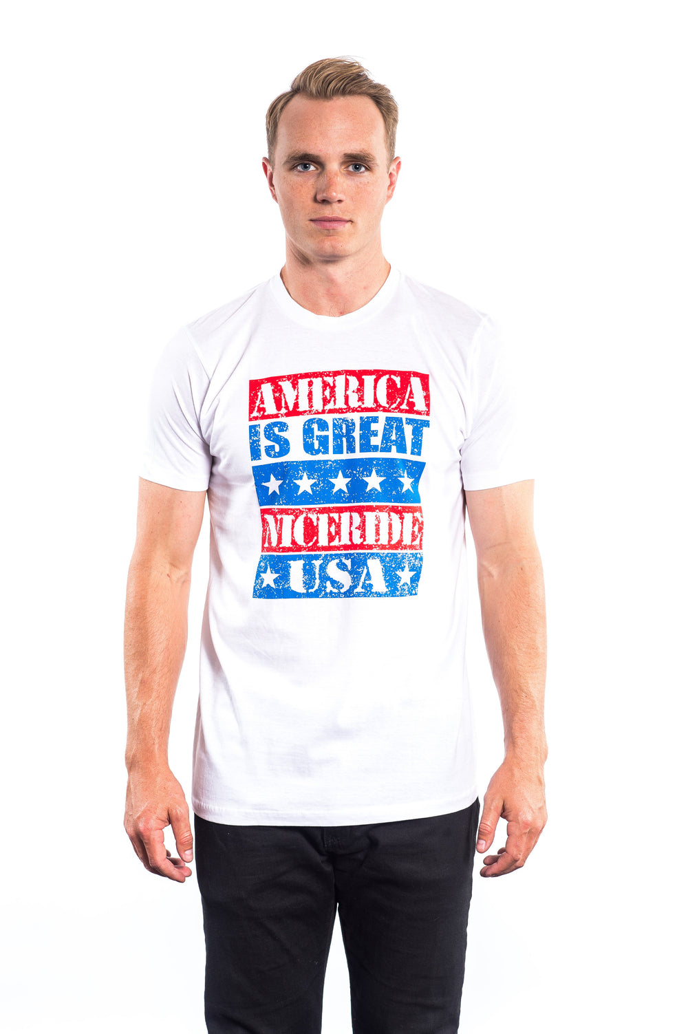 America is Great men's quality cotton white short sleeve shirt with red and blue slogan printed on the front.