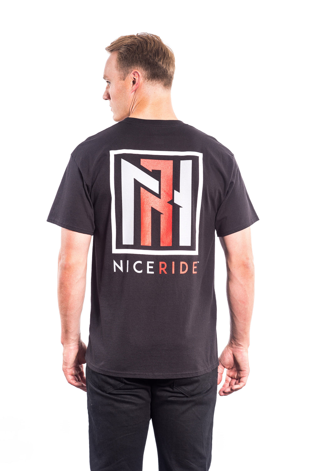 Hanes Men's 100% Cotton Short Sleeve T-Shirt with Neon red Logo, back view showcasing NICERIDE design.