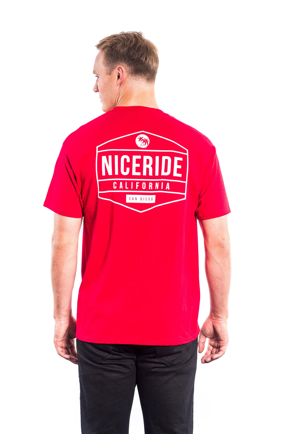 Good Times Hanes Men's Tagless Short Sleeve Cotton T-Shirt in red with NICERIDE logo on back.
