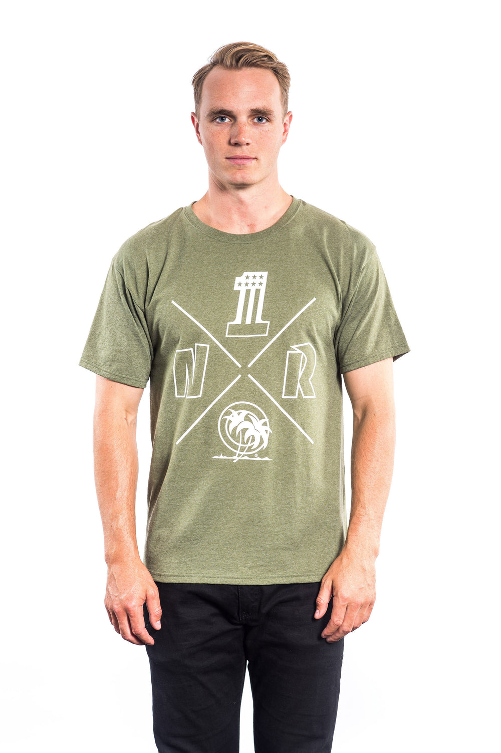 Hanes Men's Cotton Blend Short Sleeve Shirt featuring NICERIDE's Four Corners design, model wearing olive green shirt.