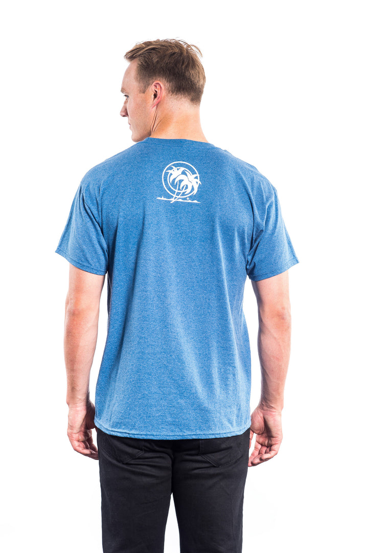 Back view of a man wearing a blue Hanging Ten Hanes Men&