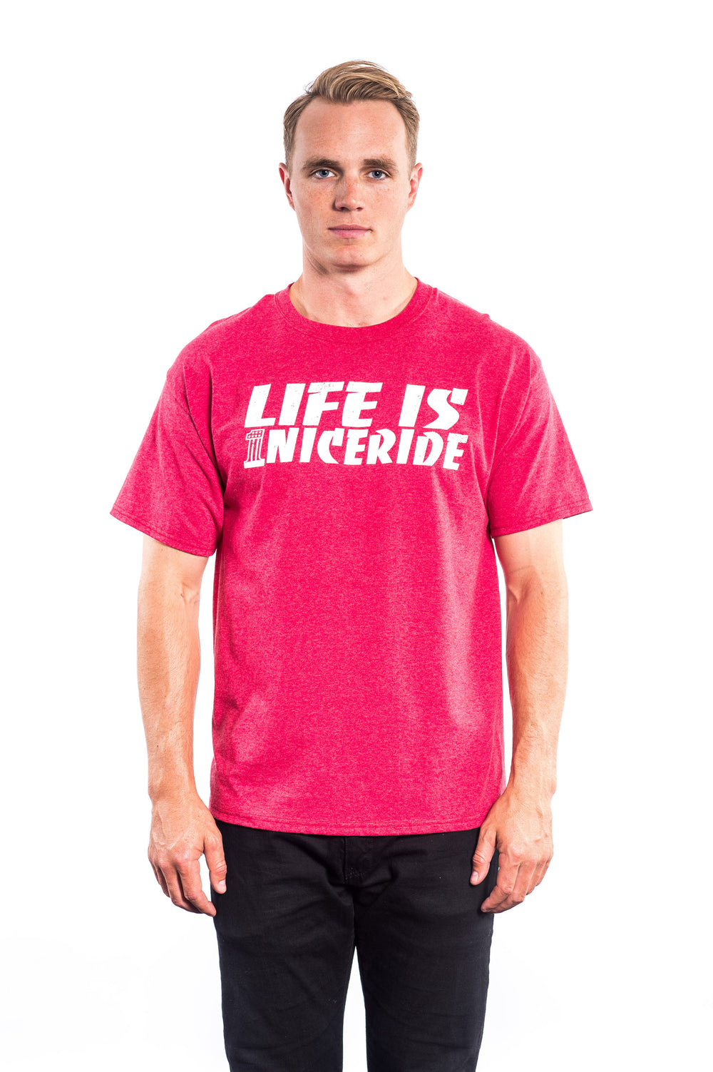 Life Is -Hanes Men's Cotton Blend Short Sleeve T-Shirt in red featuring NICERIDE design, perfect for any activity.