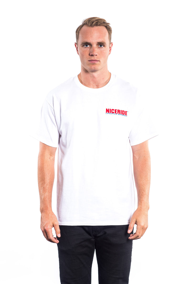 White t-shirt featuring NICERIDE logo on the left chest, modeled by a man, showcasing a comfortable fit.