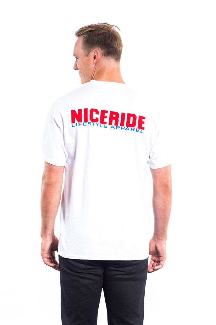 White t-shirt featuring NICERIDE design on back, part of the Podium collection, showcasing style and comfort.