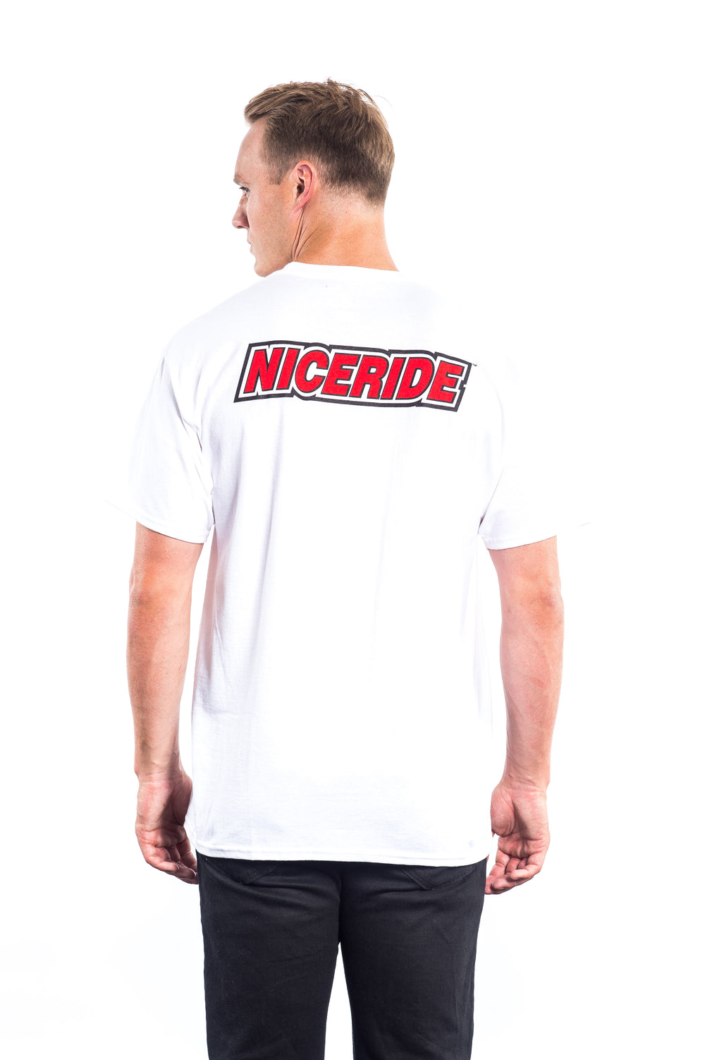 Back view of a man wearing a Slick - White Hanes Men's Short Sleeve Shirt with NICERIDE logo.