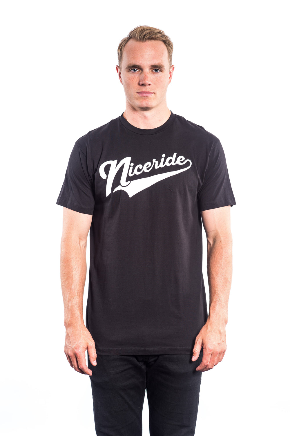 Play Ball Men's 100% Cotton Shirt Sleeve T-Shirt in black featuring NICERIDE print, ideal for casual wear.