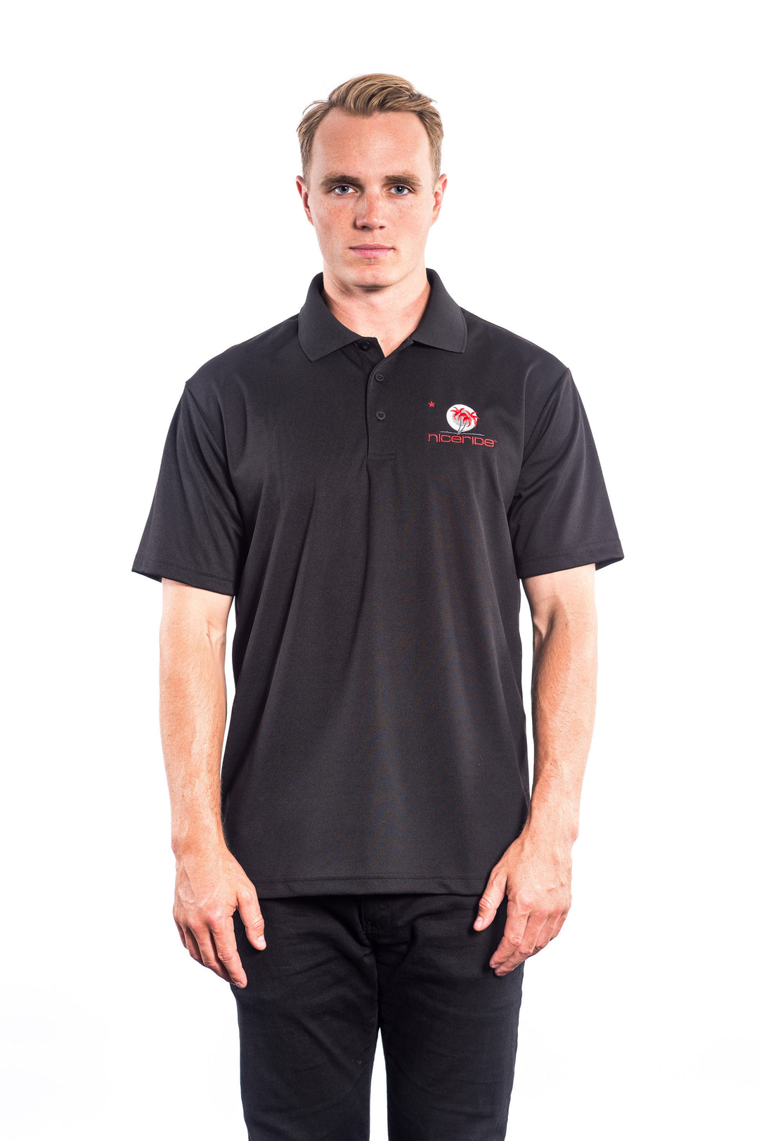 Black NR Republic golf shirt featuring embroidered design on chest and logo on back.