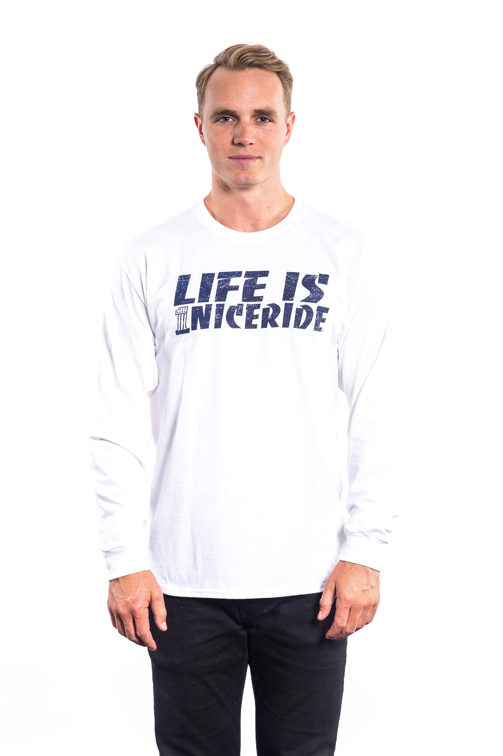 Life is - White Hanes Pre-Shrunk 100% Cotton Long Sleeve Men's T-Shirt with red or navy logo.