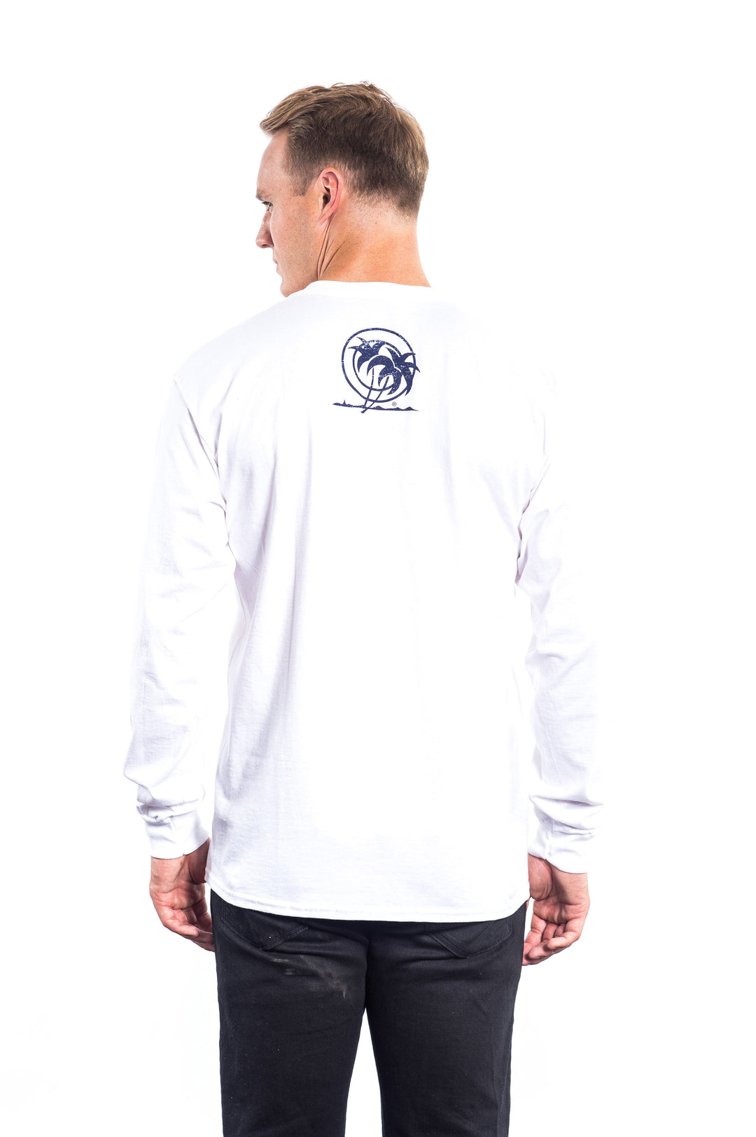 Model wearing the Life is - White Hanes long sleeve men&