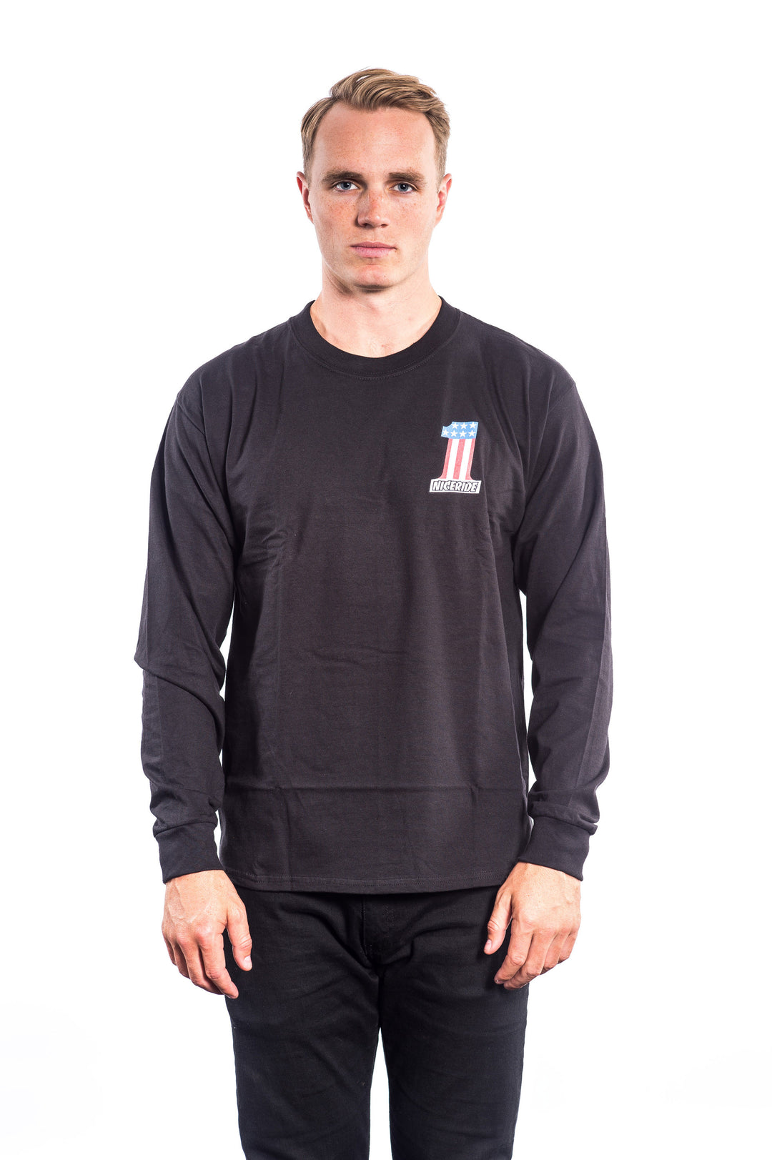 Not So Evil Black Hanes Beefy Tee 100% Cotton Long Sleeve Shirt worn by a man, showcasing front design and fit.