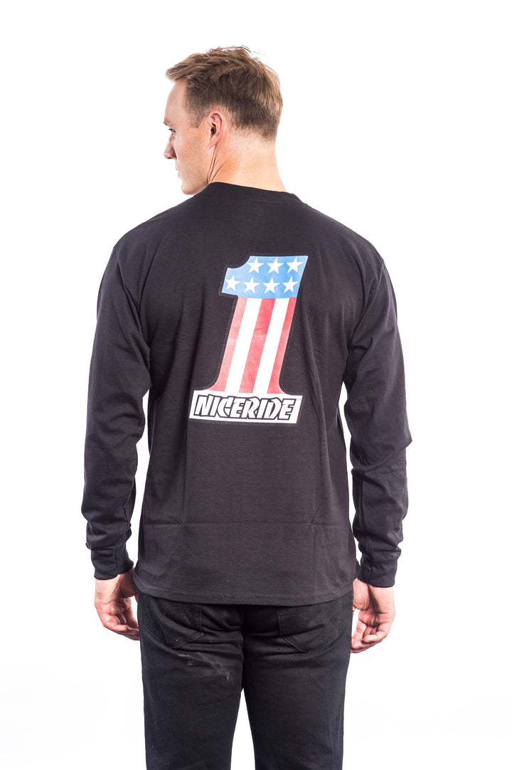 Model wearing Not So Evil shirt with NICERIDE logo and American flag design on the back, showcasing the long sleeve style.