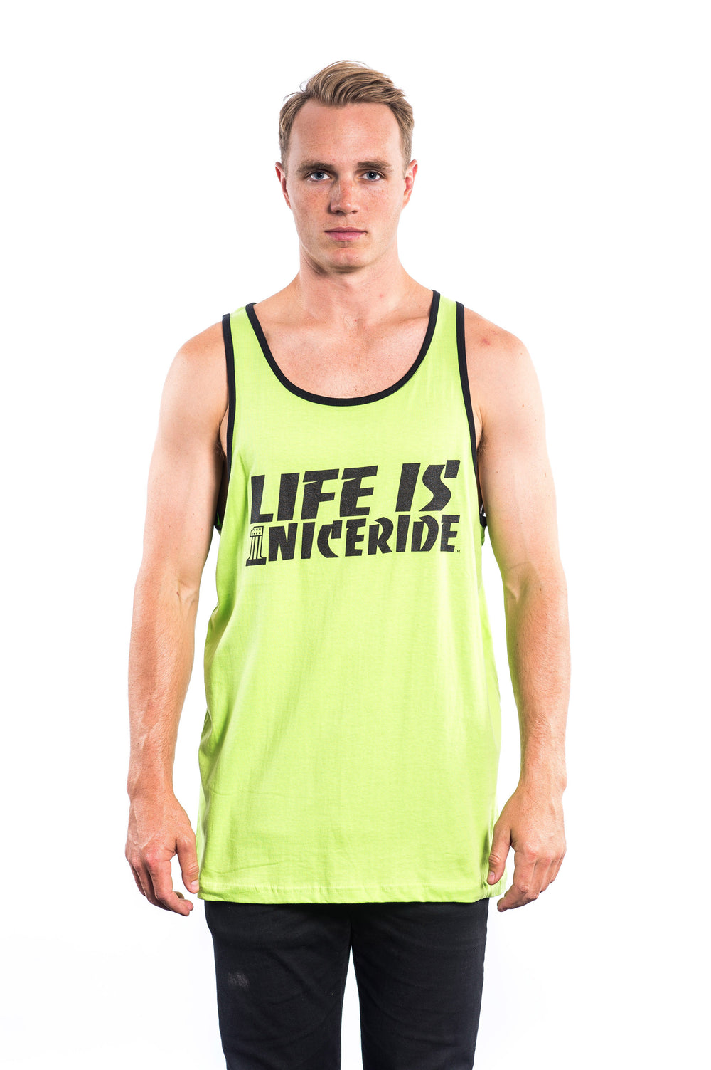 Men's muscle tank top in lime green with 'Life Is' NICERIDE logo on the front, ideal tank top for casual wear.