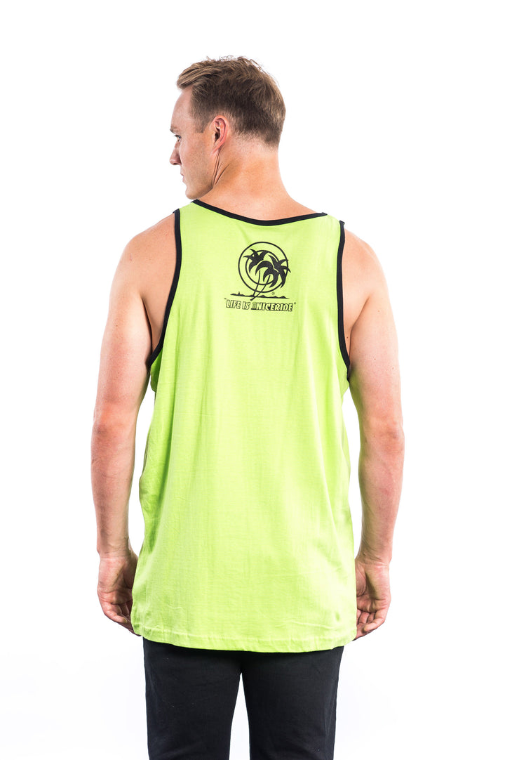 Back view of a man wearing a lime green tank top with NICERIDE&