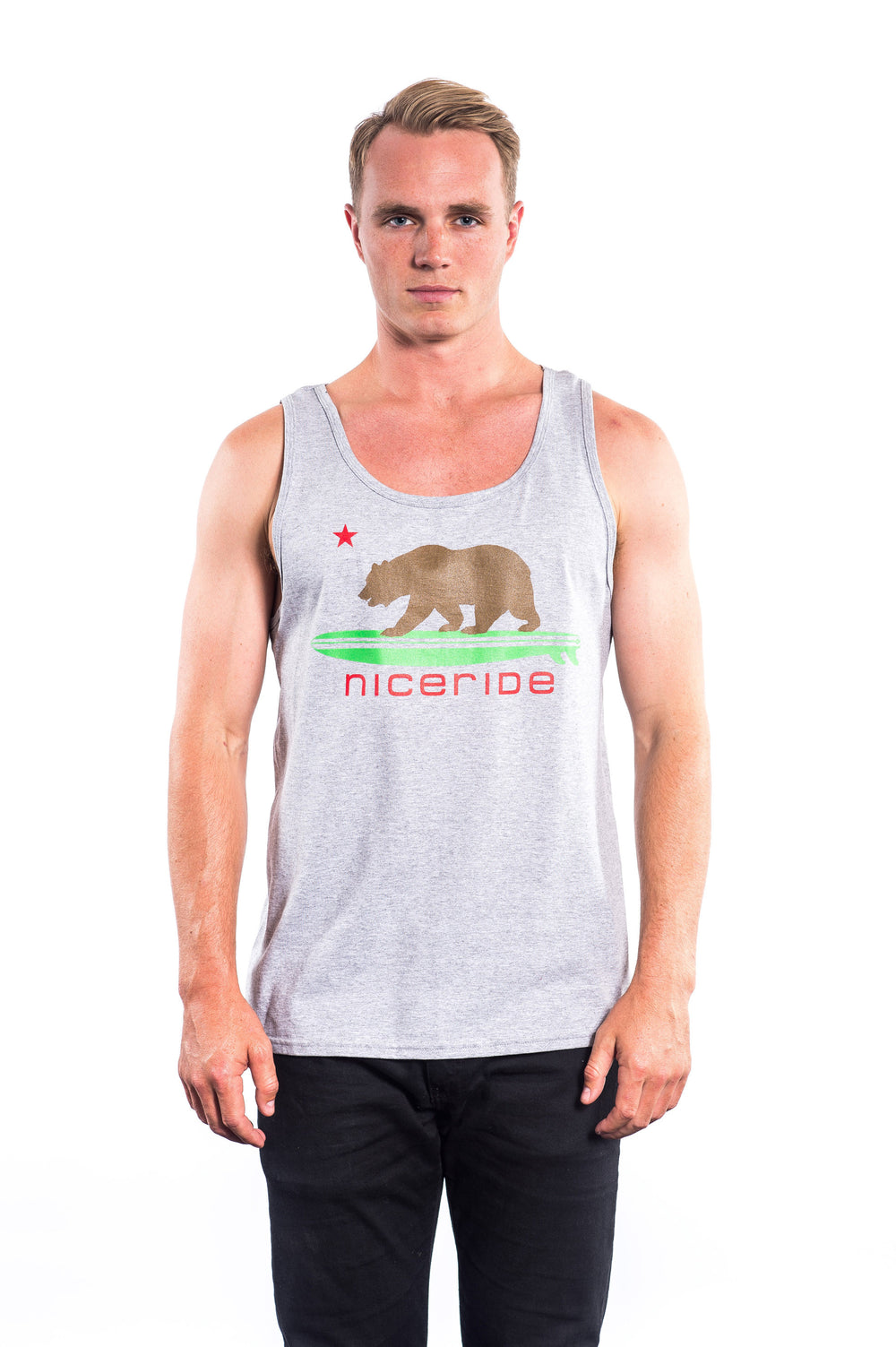 Gray Fruit of the Loom men's tank top with NICERIDE bear design and California Republic Star printed on front.
