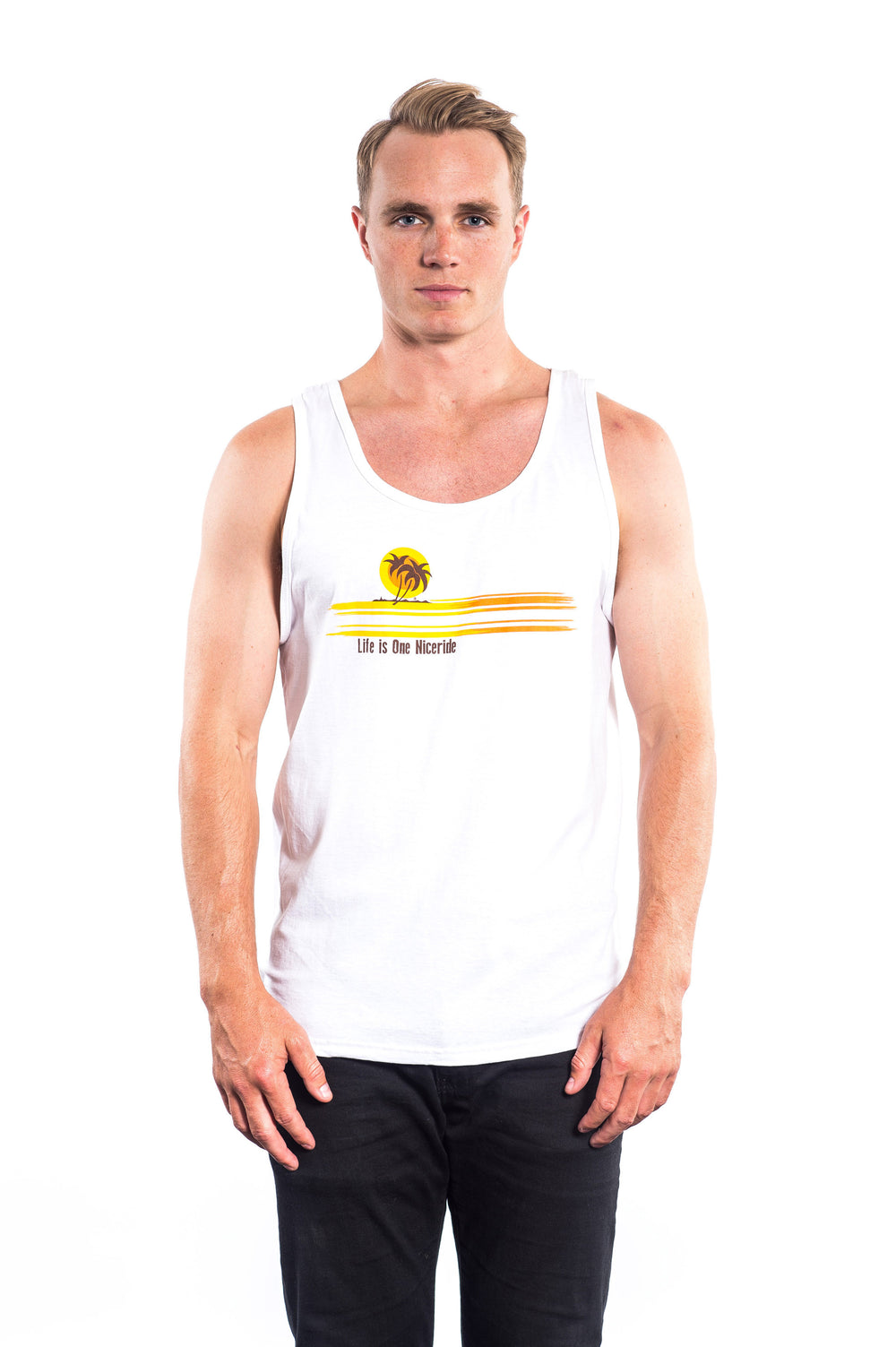 Men's white Fruit of the Loom tank top featuring NICERIDE's "Sunset" logo, perfect for casual or fitness wear.