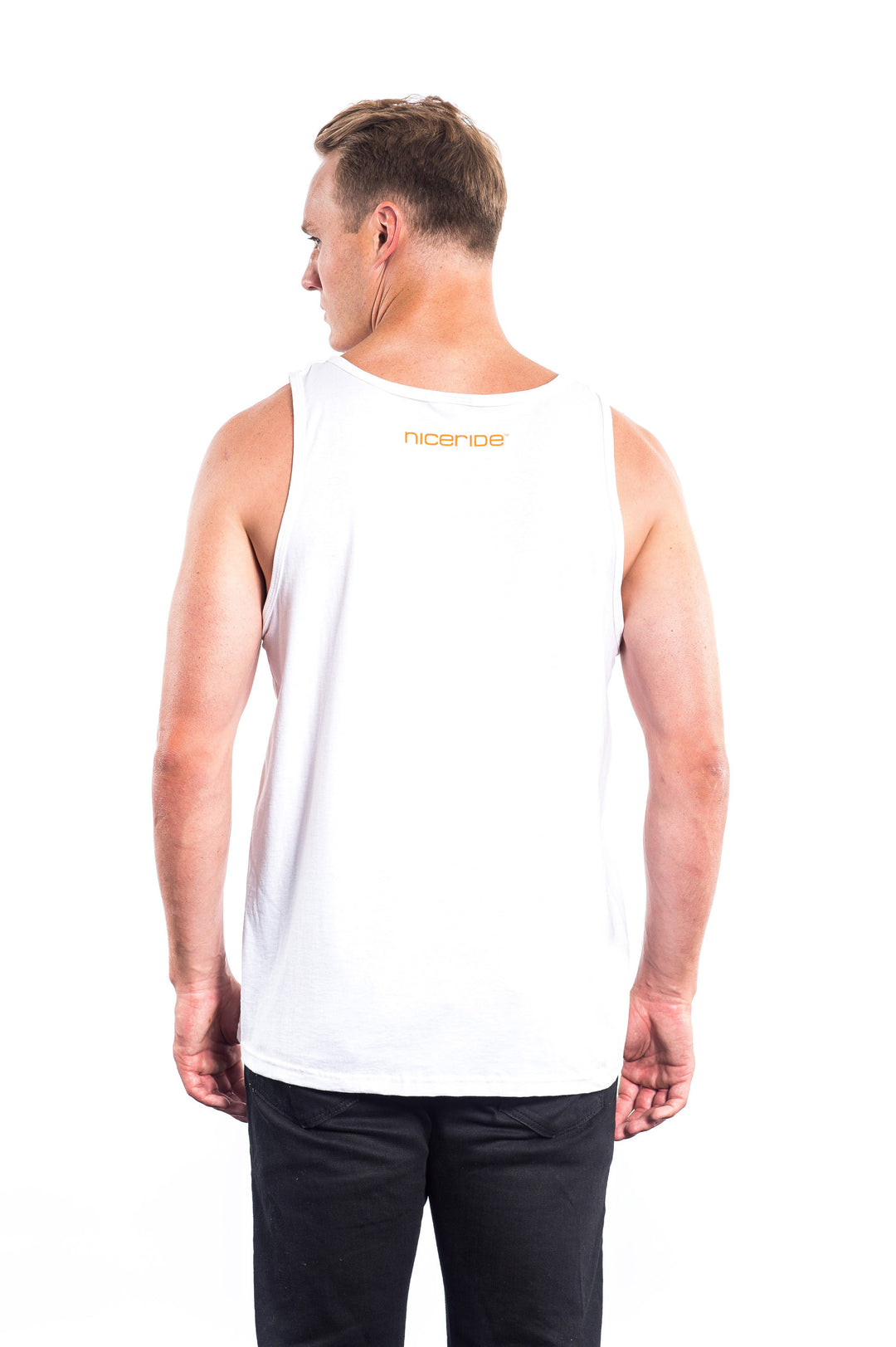 Back view of a man wearing a white Fruit of the Loom tank top with NICERIDE logo, perfect for outdoor activities.