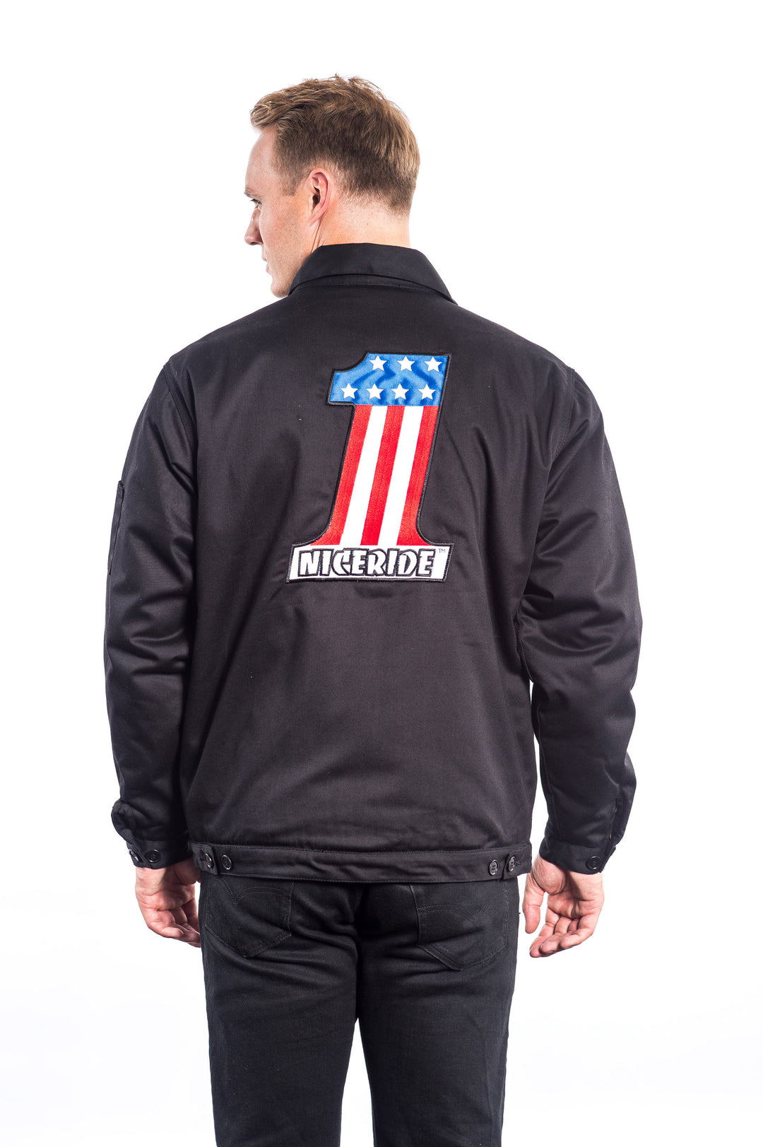 Back view of a black jacket featuring NICERIDE&