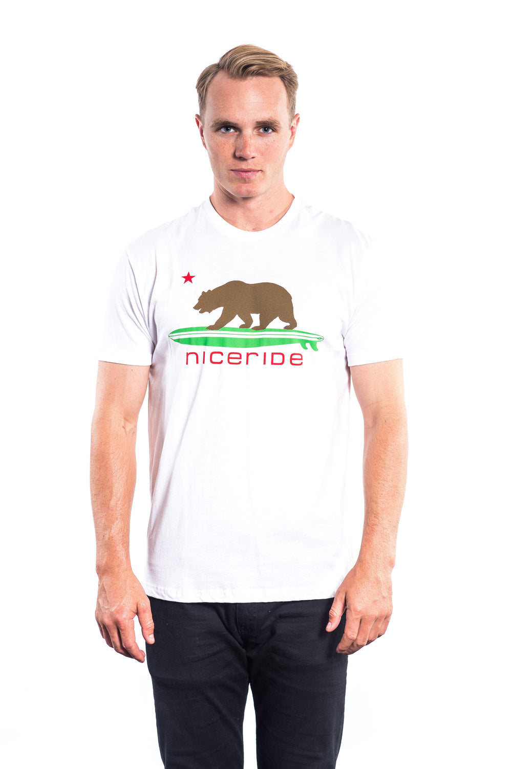 Hang 20 men's 100% cotton short sleeve t-shirt with bear design and logo in multiple colors.
