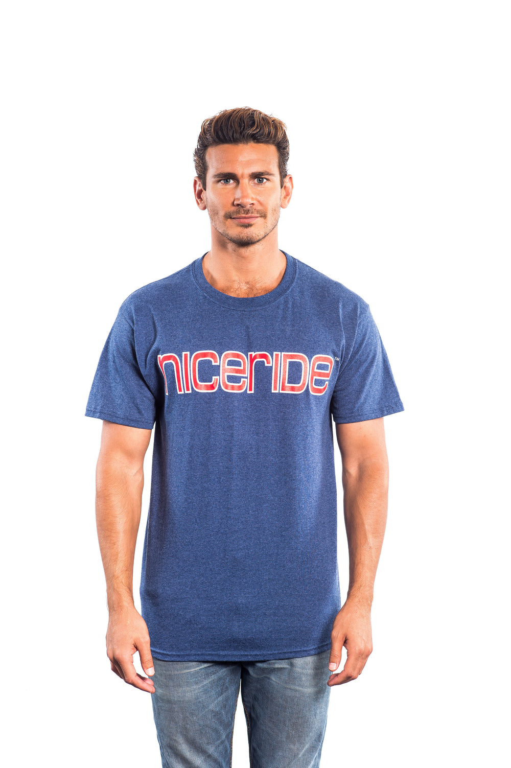 Model wearing the Bold Tower navy Hanes Men's Cotton Blend Short Sleeve T-Shirt showcasing NICERIDE logo.