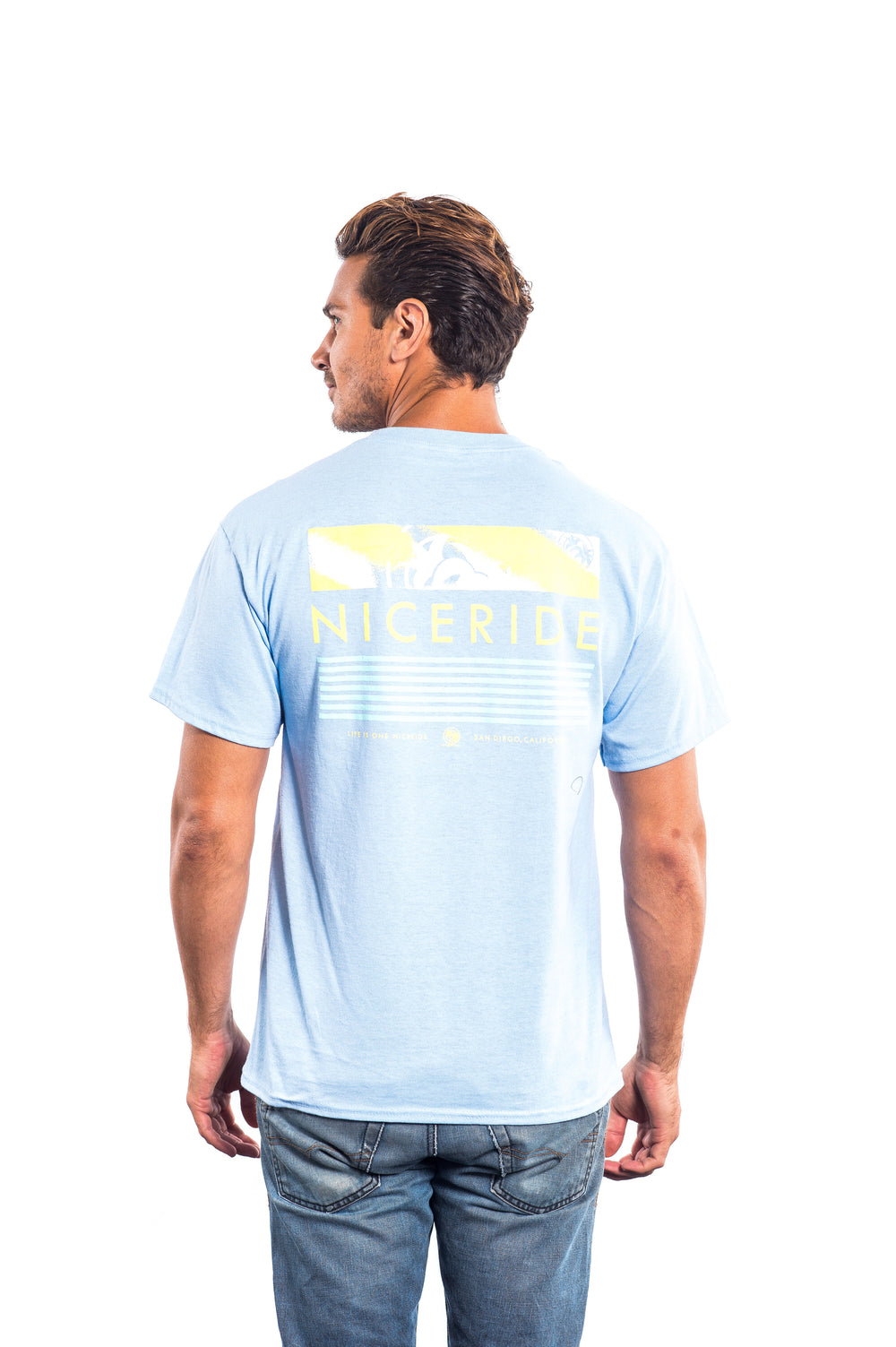 Men's cotton blend short sleeve shirt in light blue with NICERIDE design on back.