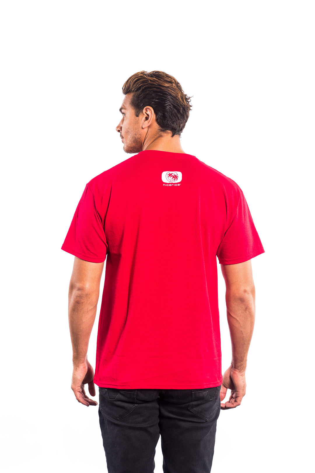 Back view of a man wearing a red Hanes Men&