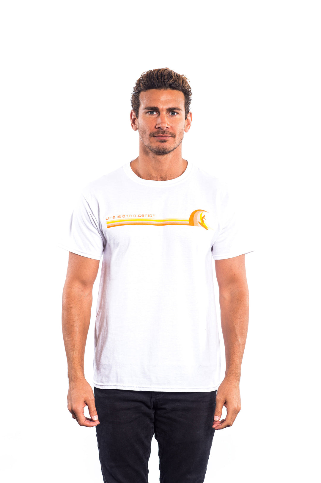 Man wearing a Tasty Waves shirt, a white Hanes Men&