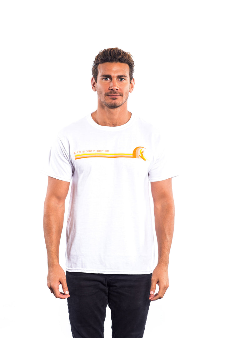 Man wearing a Tasty Waves shirt, a white Hanes Men&