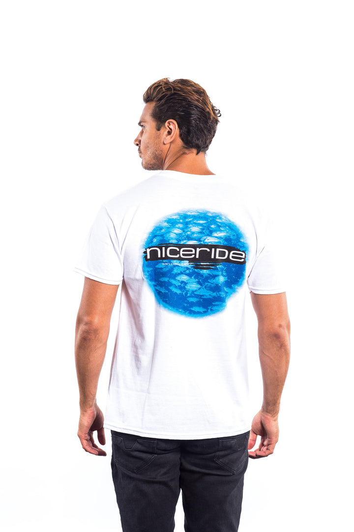 Back view of a man wearing a white t-shirt with a blue graphic and "niceride" logo, showcasing a stylish design.