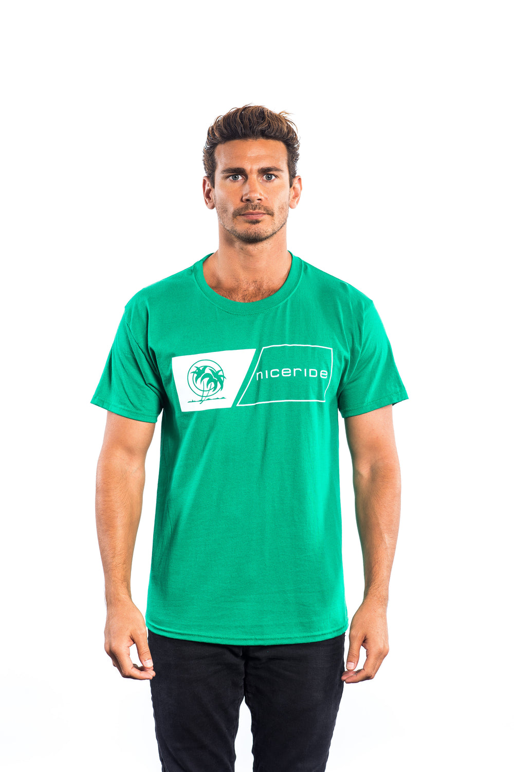 Hanes Men's Cotton Blend Short Sleeve T-Shirt featuring NICERIDE design on a model, perfect for casual wear.
