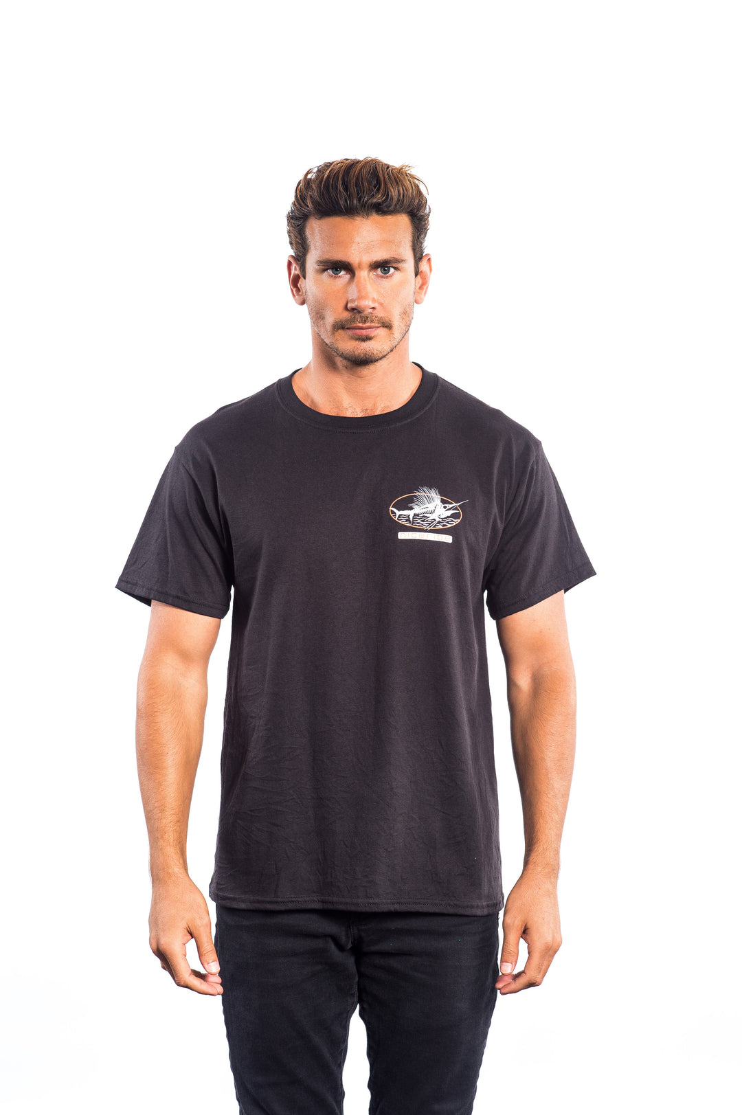 Last Hook Up shirt on a man in black, featuring a NICERIDE design on chest and back, perfect for casual wear.