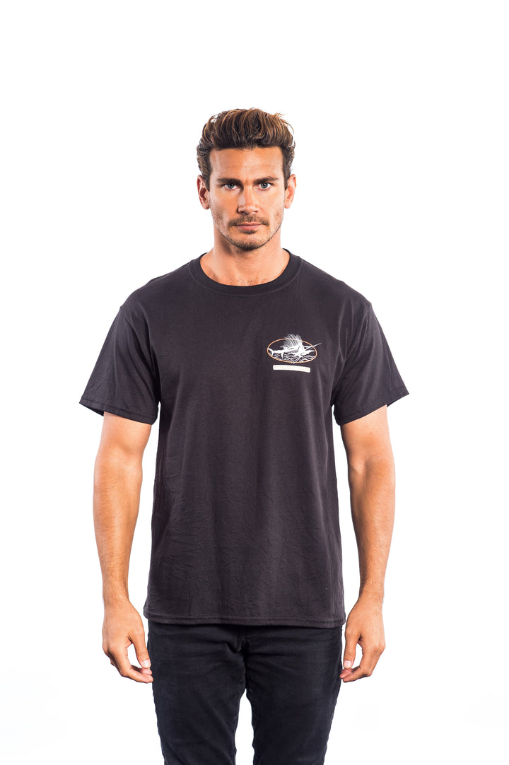 Last Hook Up shirt on a man in black, featuring a NICERIDE design on chest and back, perfect for casual wear.