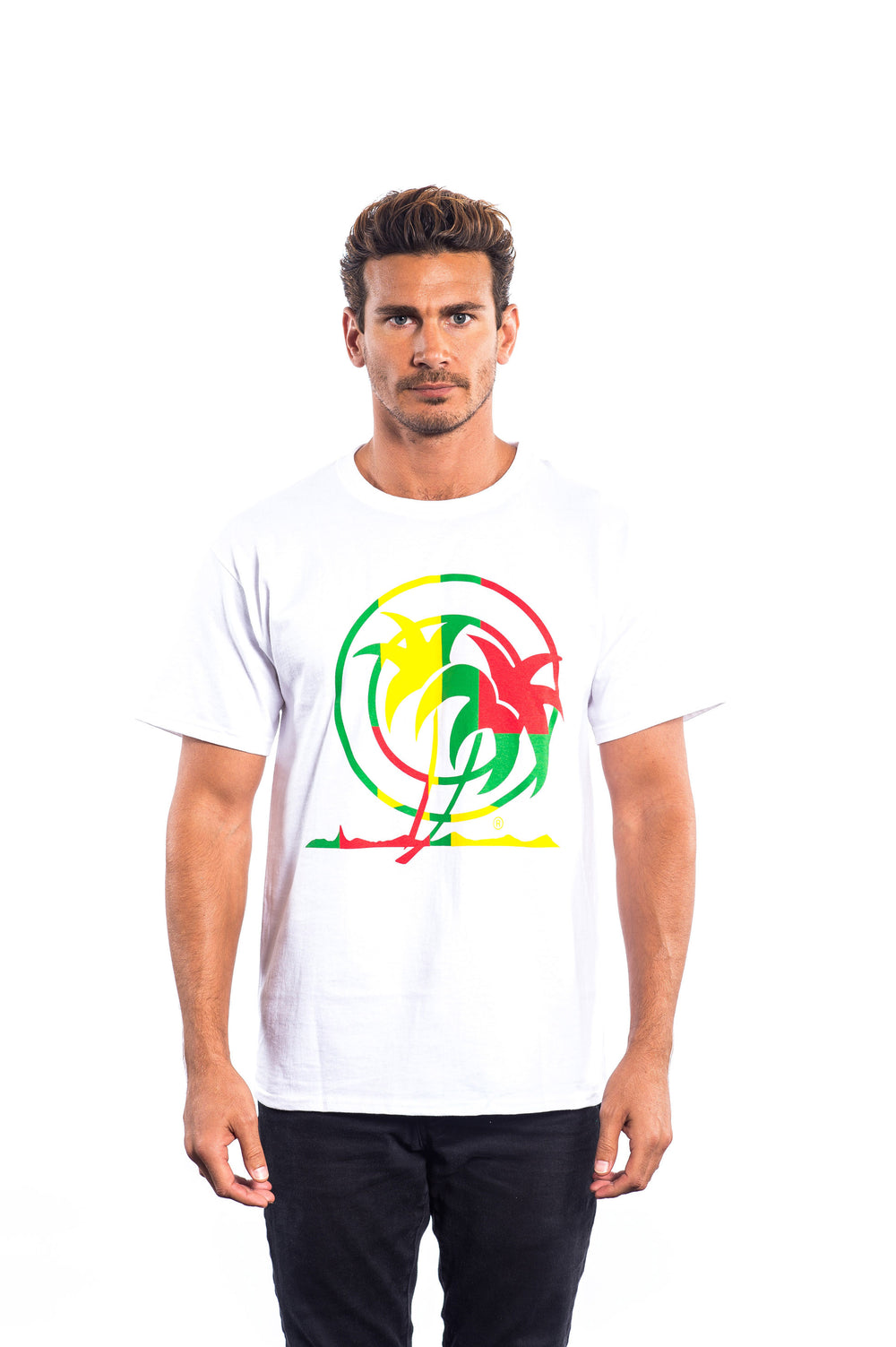 Jamaican Breeze t-shirt design featuring vibrant palm trees on a white Hanes Men's Comfort Blend short sleeve t-shirt.