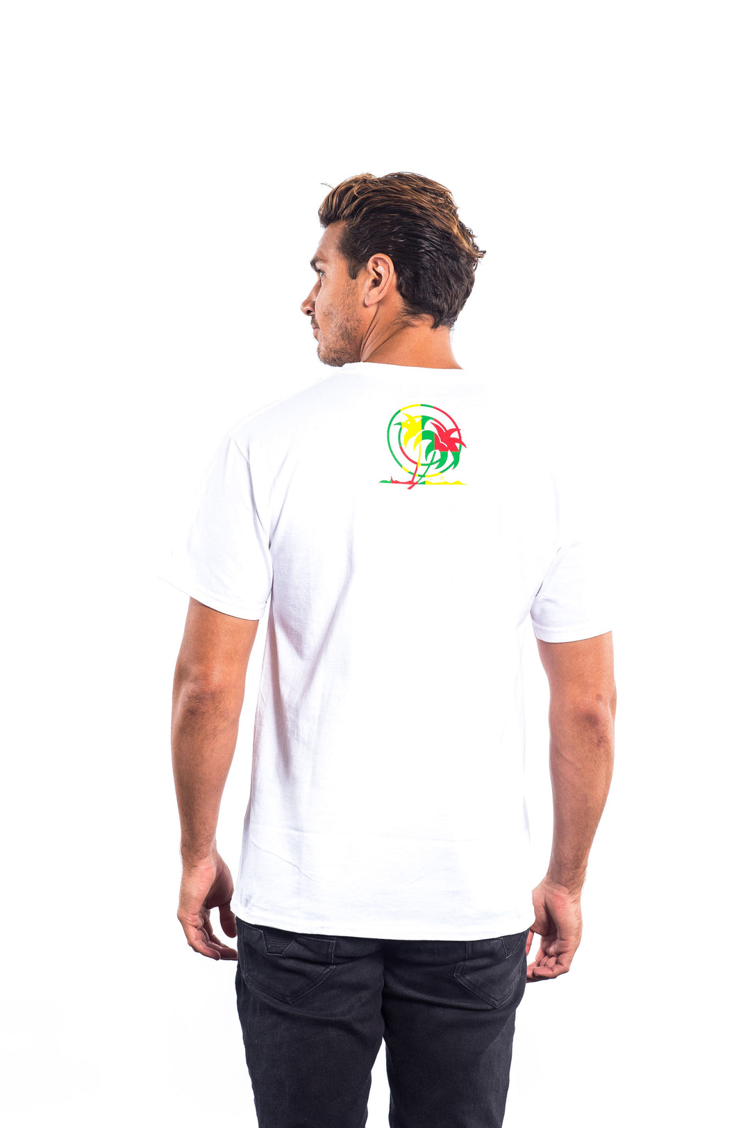Back view of a man wearing a Jamaican Breeze - White Hanes Men&