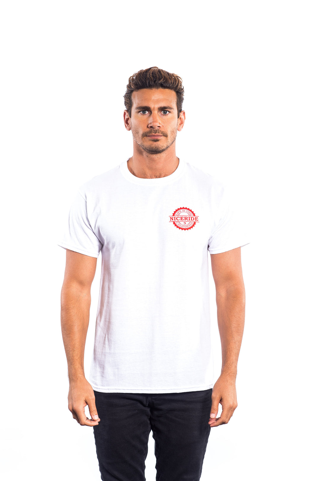 Model wearing a white Hanes Men&