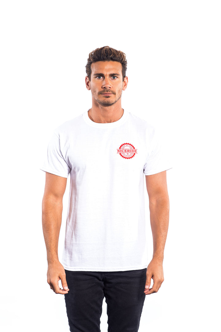 Model wearing a white Hanes Men&