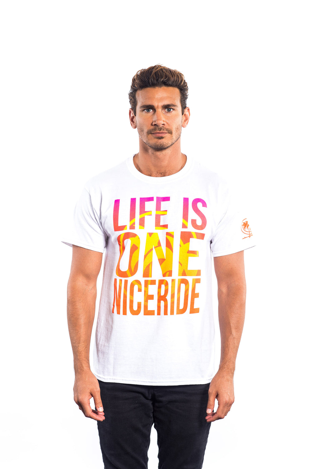 Man wearing a white t-shirt with "LIFE IS ONE NICERIDE" design, showcasing a vibrant color scheme.