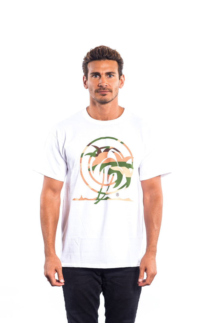 Open Season shirt featuring NICERIDE camo palm logo on a white Hanes t-shirt with short sleeves.