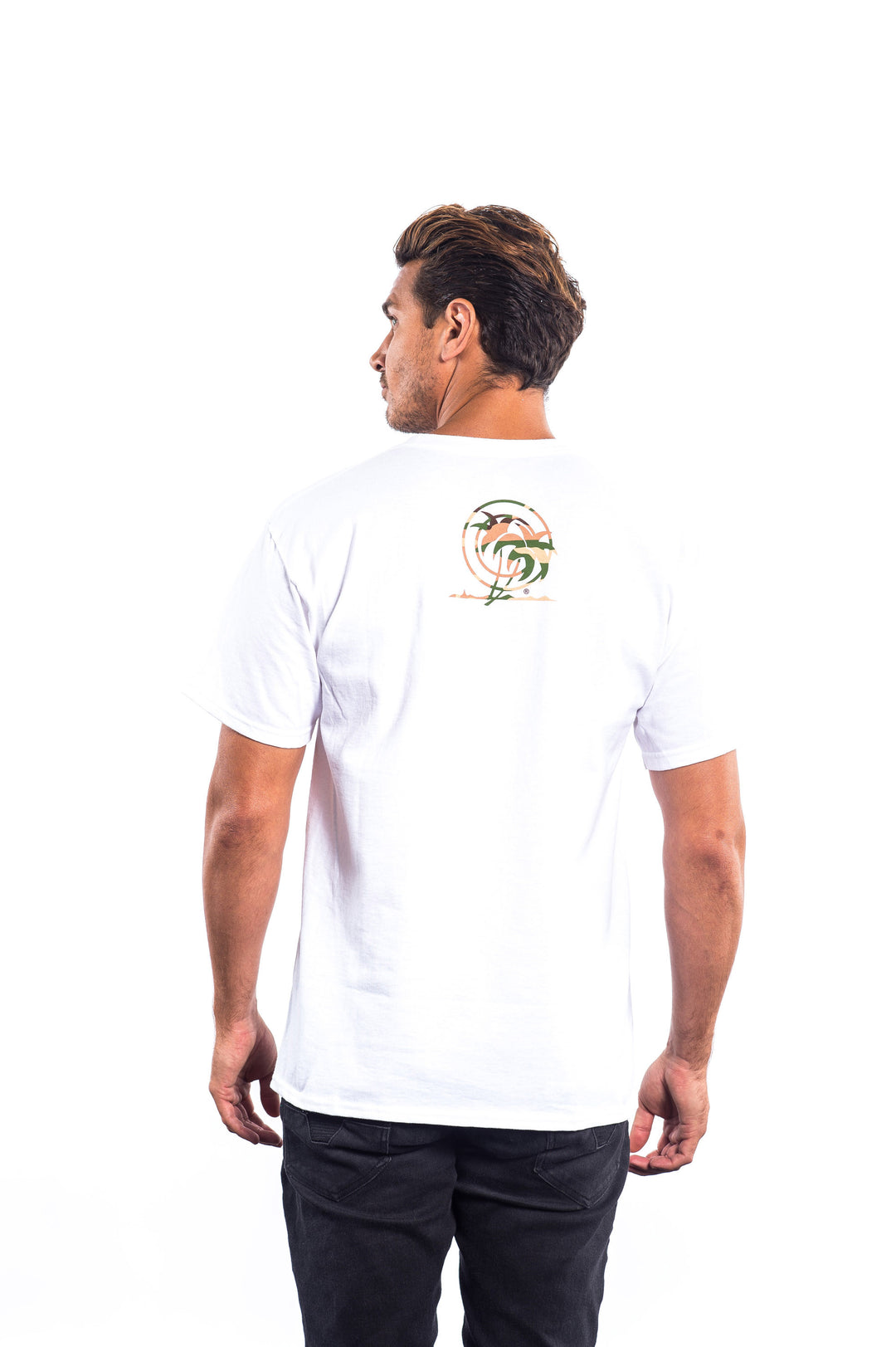 Back view of a white shirt featuring a NICERIDE camo palm logo, perfect for casual wear.